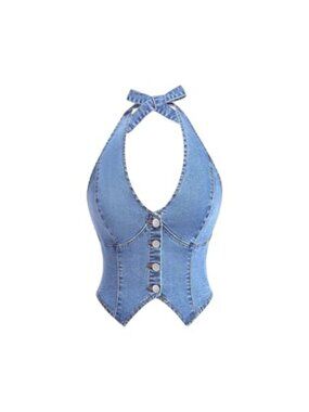 Denim Halter Crop Top Backless Button Down Vest Sleeveless Tie Back Y2K